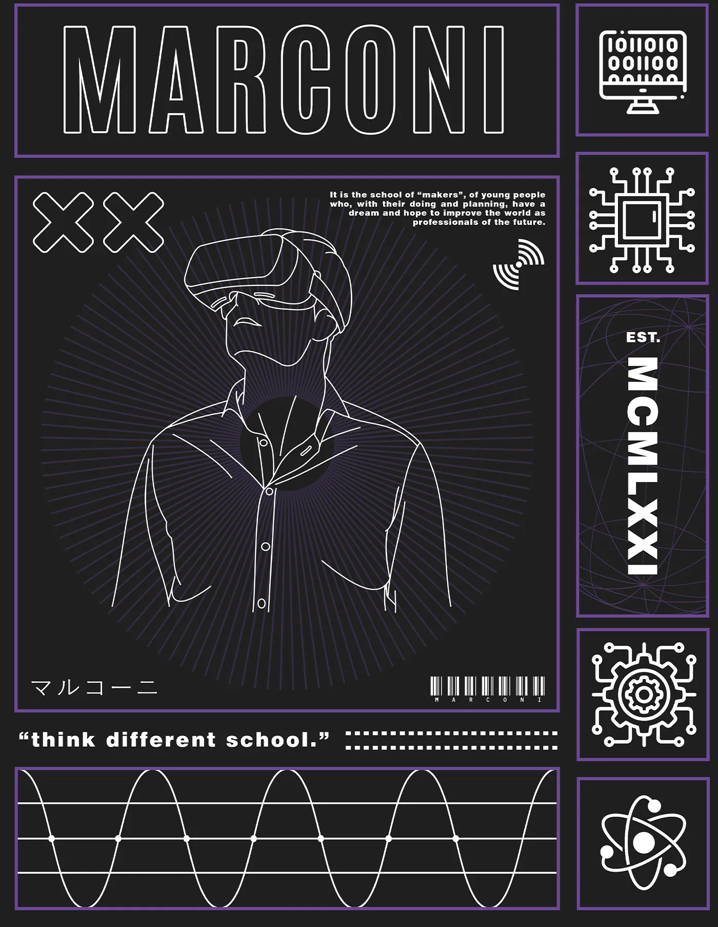 Grafica di felpe e merchandising scolastico per l'Istituto Marconi di Dalmine (Bergamo)